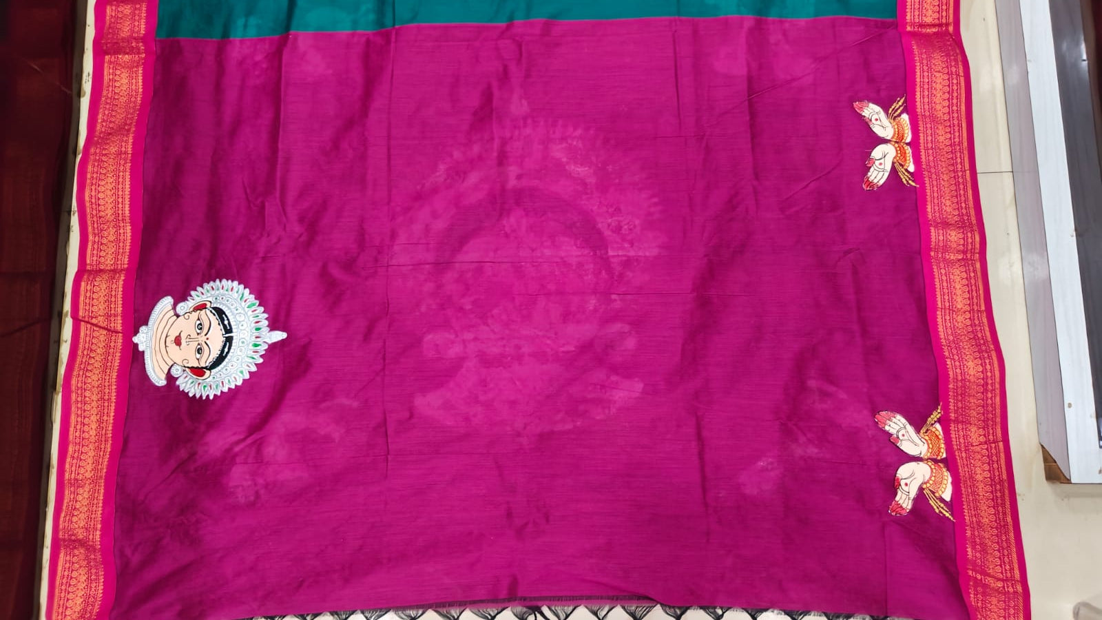 Rama Green Magenta Odishi Face And Mudra Theme Pattachitra South Cotton Saree