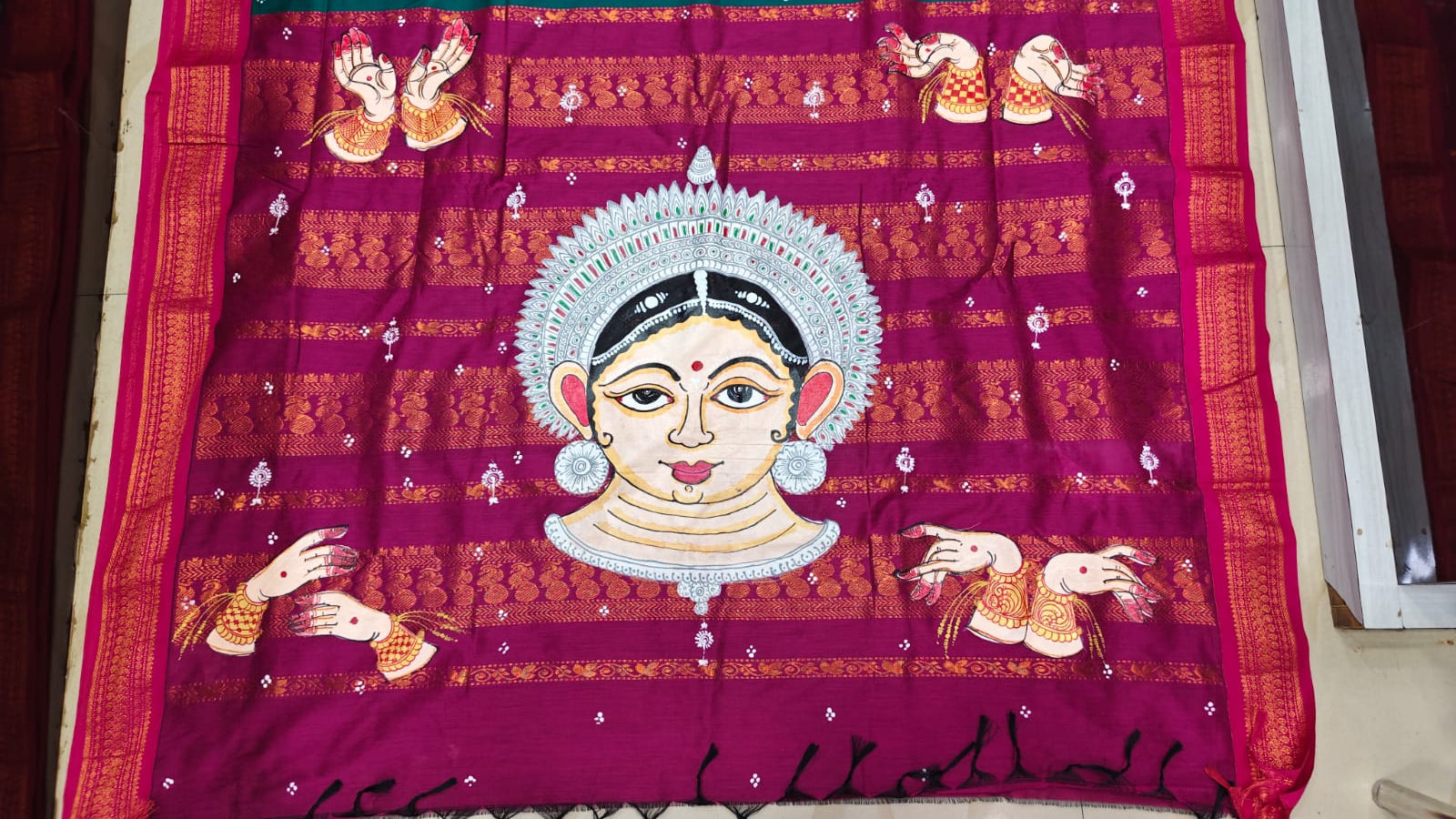Rama Green Magenta Odishi Face And Mudra Theme Pattachitra South Cotton Saree