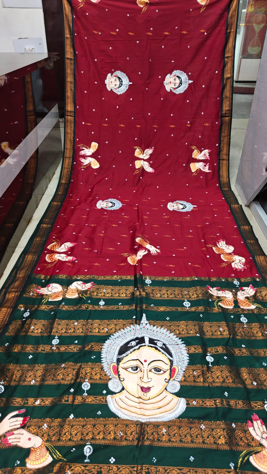 Maroon Green Odishi Face And Mudra Theme Pattachitra South Cotton Saree