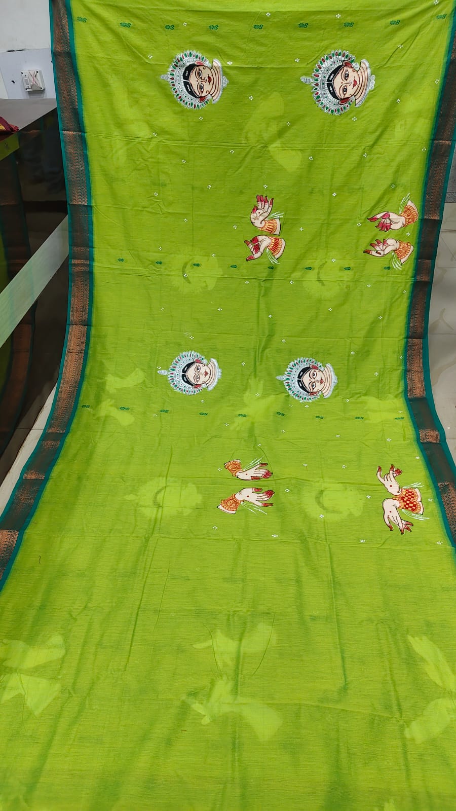 Lime Green Rama Green Odishi Face And Mudra Theme Pattachitra South Cotton Saree