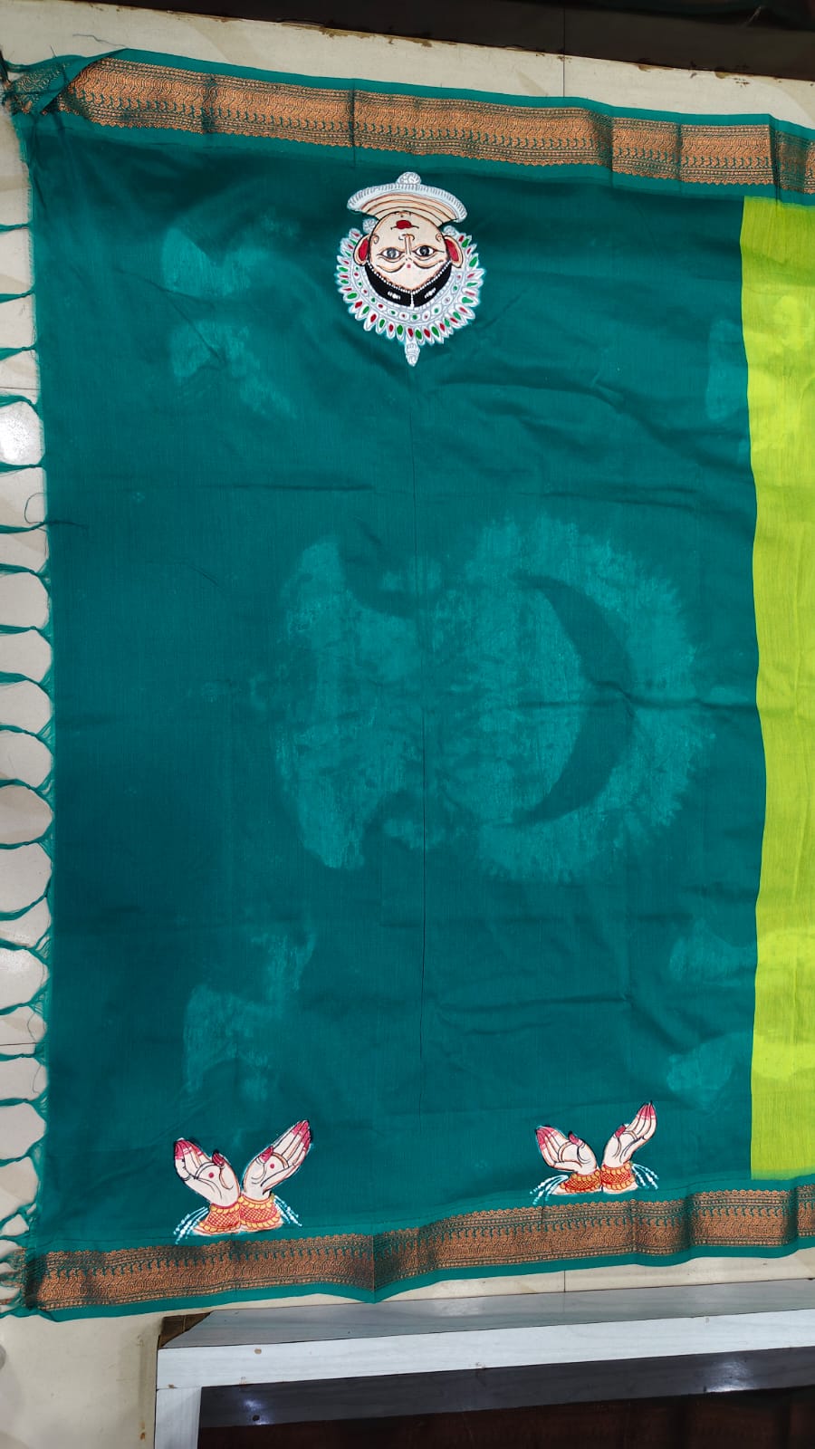 Lime Green Rama Green Odishi Face And Mudra Theme Pattachitra South Cotton Saree