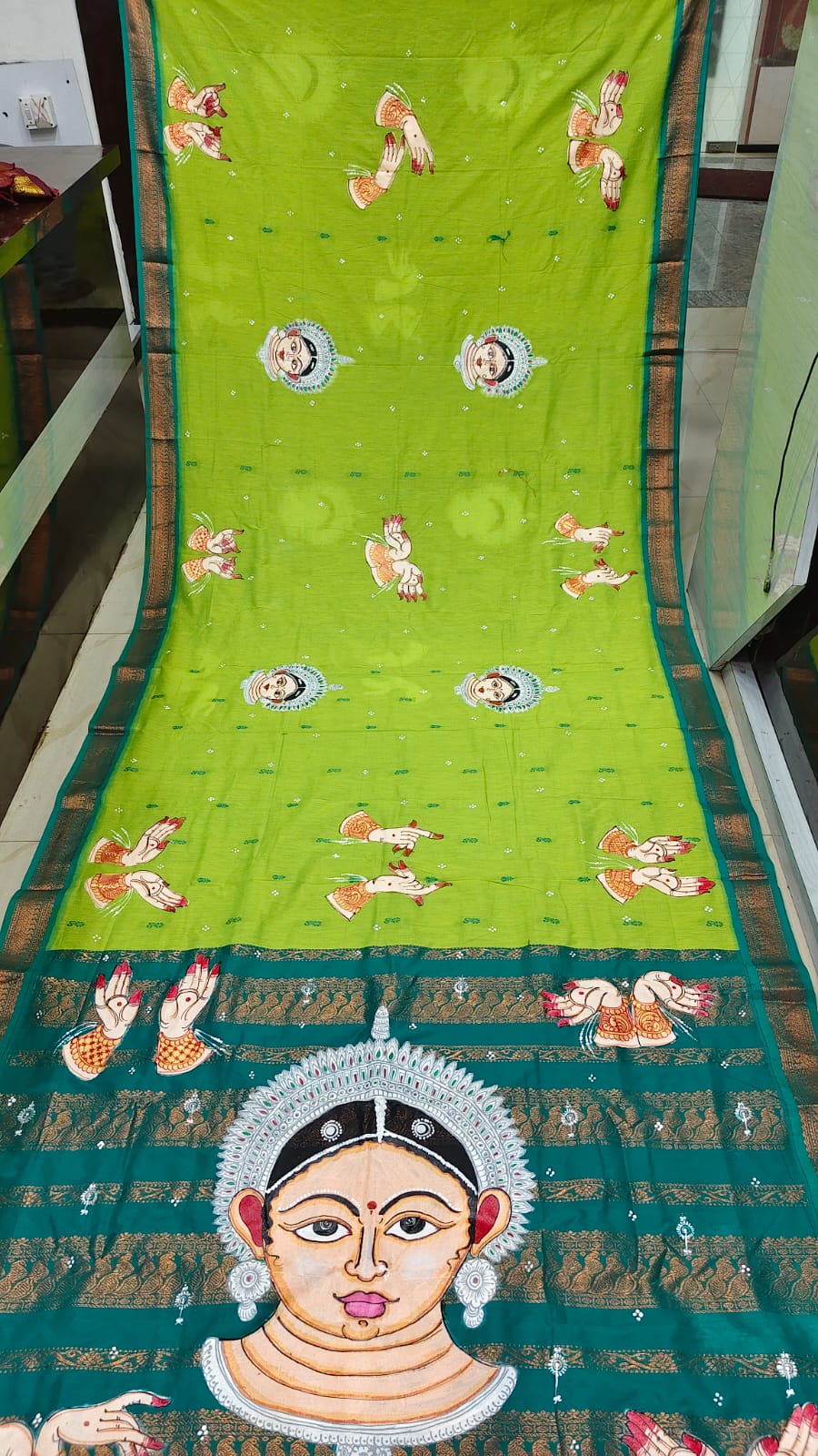Lime Green Rama Green Odishi Face And Mudra Theme Pattachitra South Cotton Saree