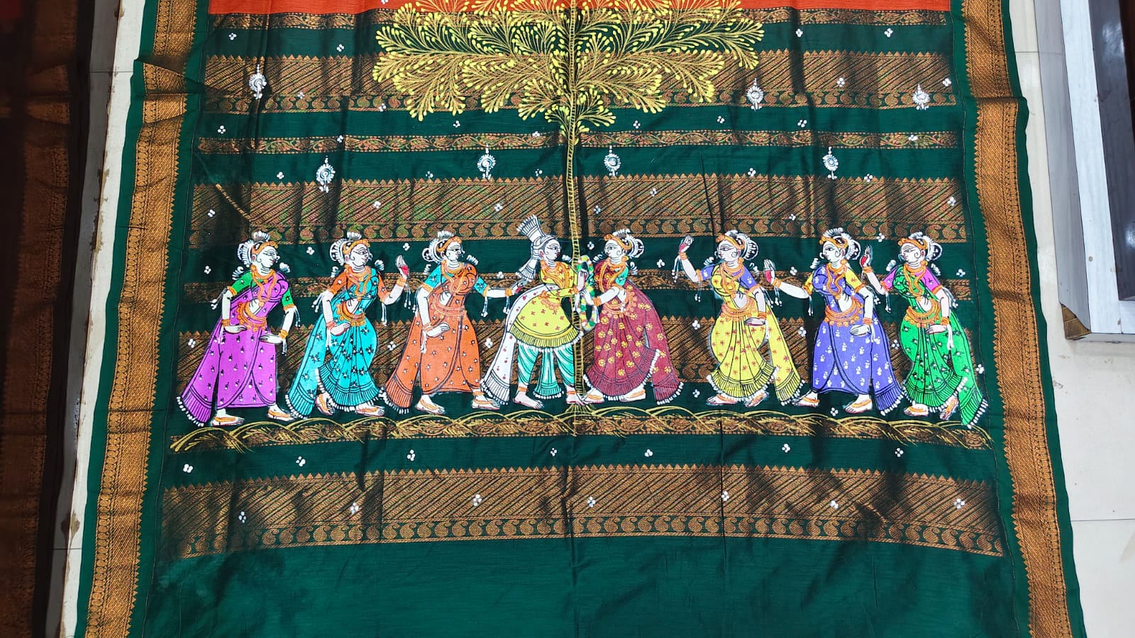 Orange Green Marriage Theme Pattachitra South Cotton Saree