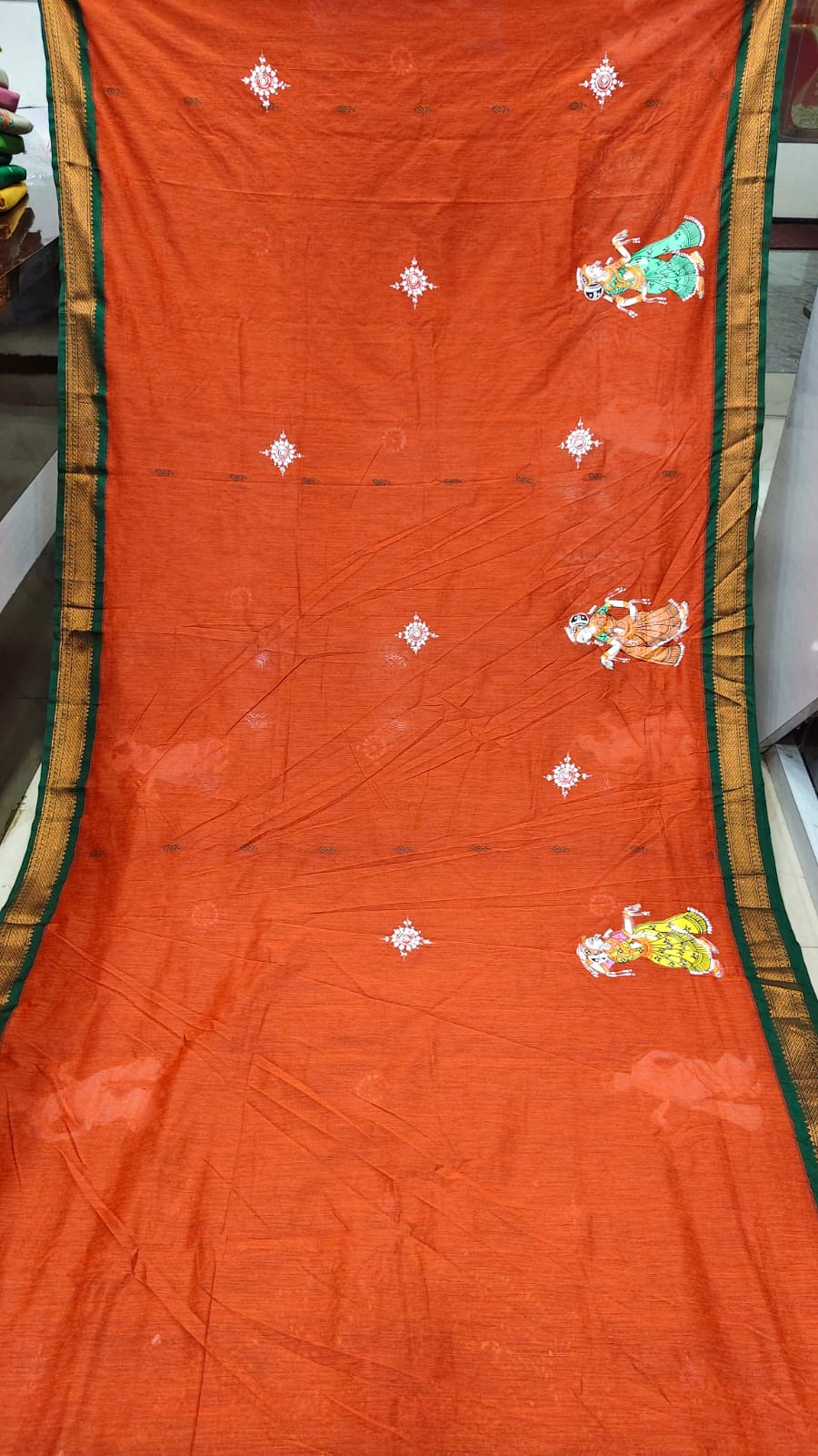 Orange Green Marriage Theme Pattachitra South Cotton Saree