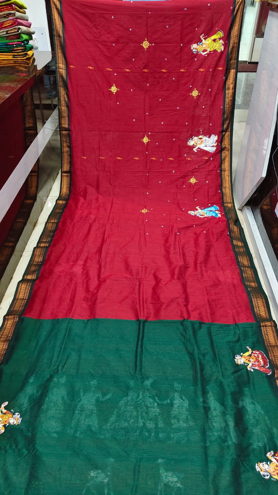 Maroon Green Marriage Theme Pattachitra South Cotton Saree
