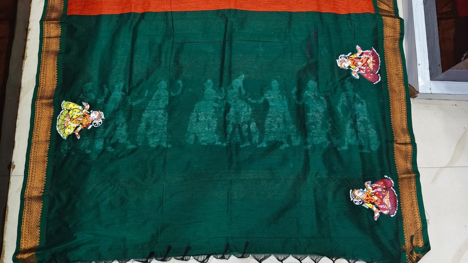 Orange Green Marriage Theme Pattachitra South Cotton Saree
