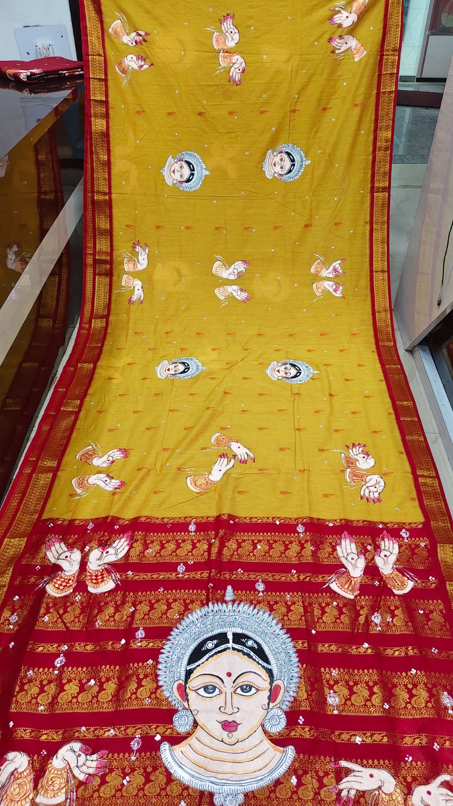 Yellow Red Odishi Face And Mudra Theme Pattachitra South Cotton Saree