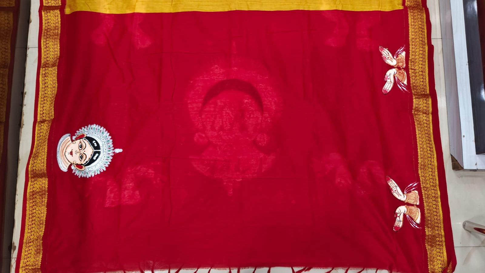 Yellow Red Odishi Face And Mudra Theme Pattachitra South Cotton Saree