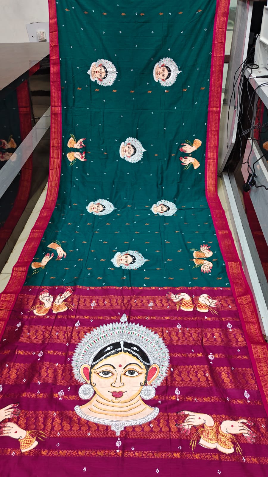 Rama Green Magenta Odishi Face And Mudra Theme Pattachitra South Cotton Saree