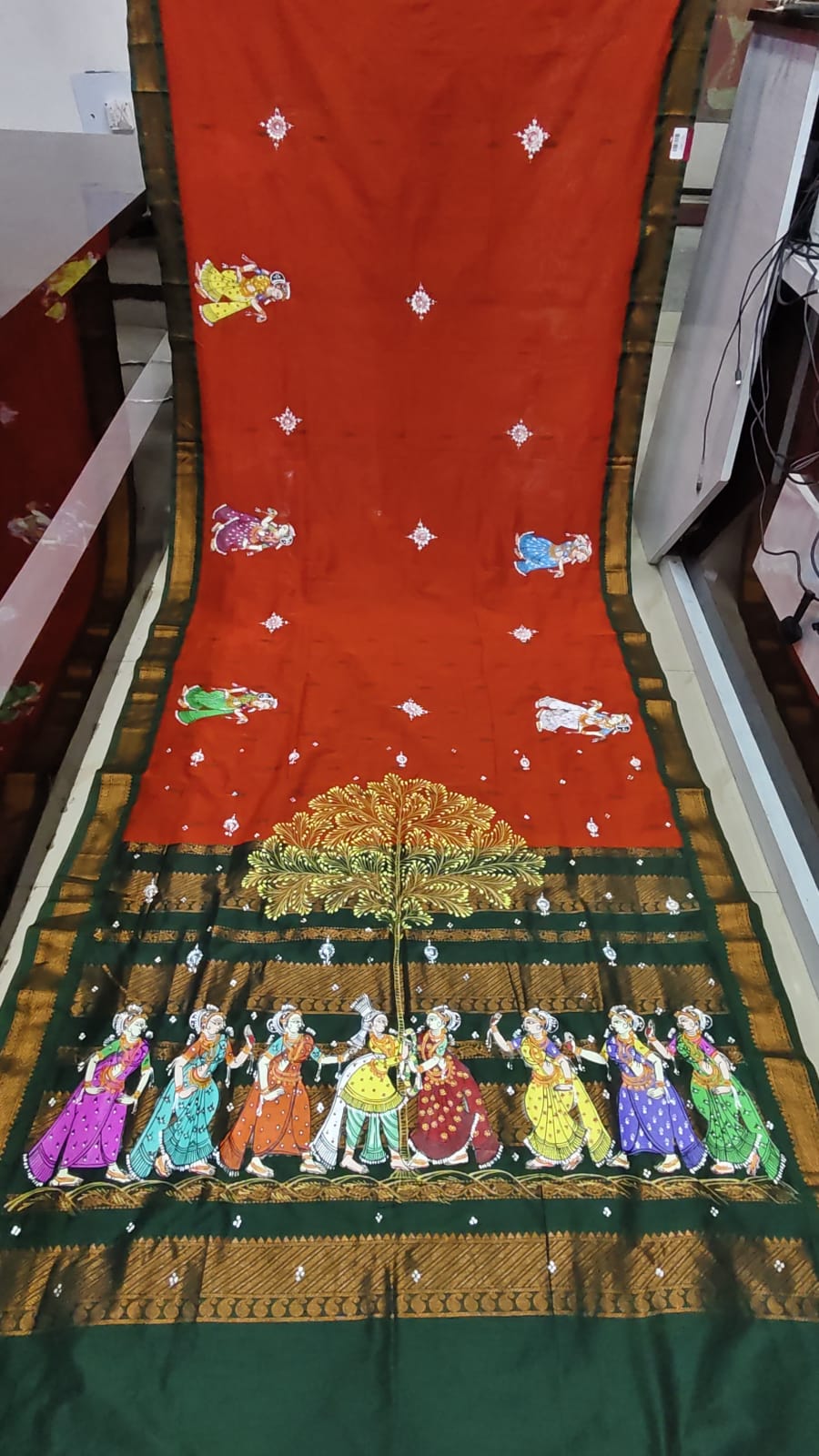 Orange Green Marriage Theme Pattachitra South Cotton Saree