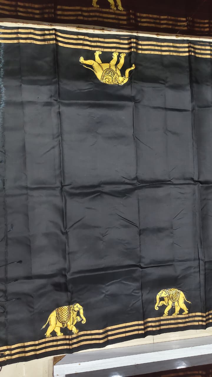 Black Kandarp Hasti Theme Pattachitra Kanjeeveram Silk Saree
