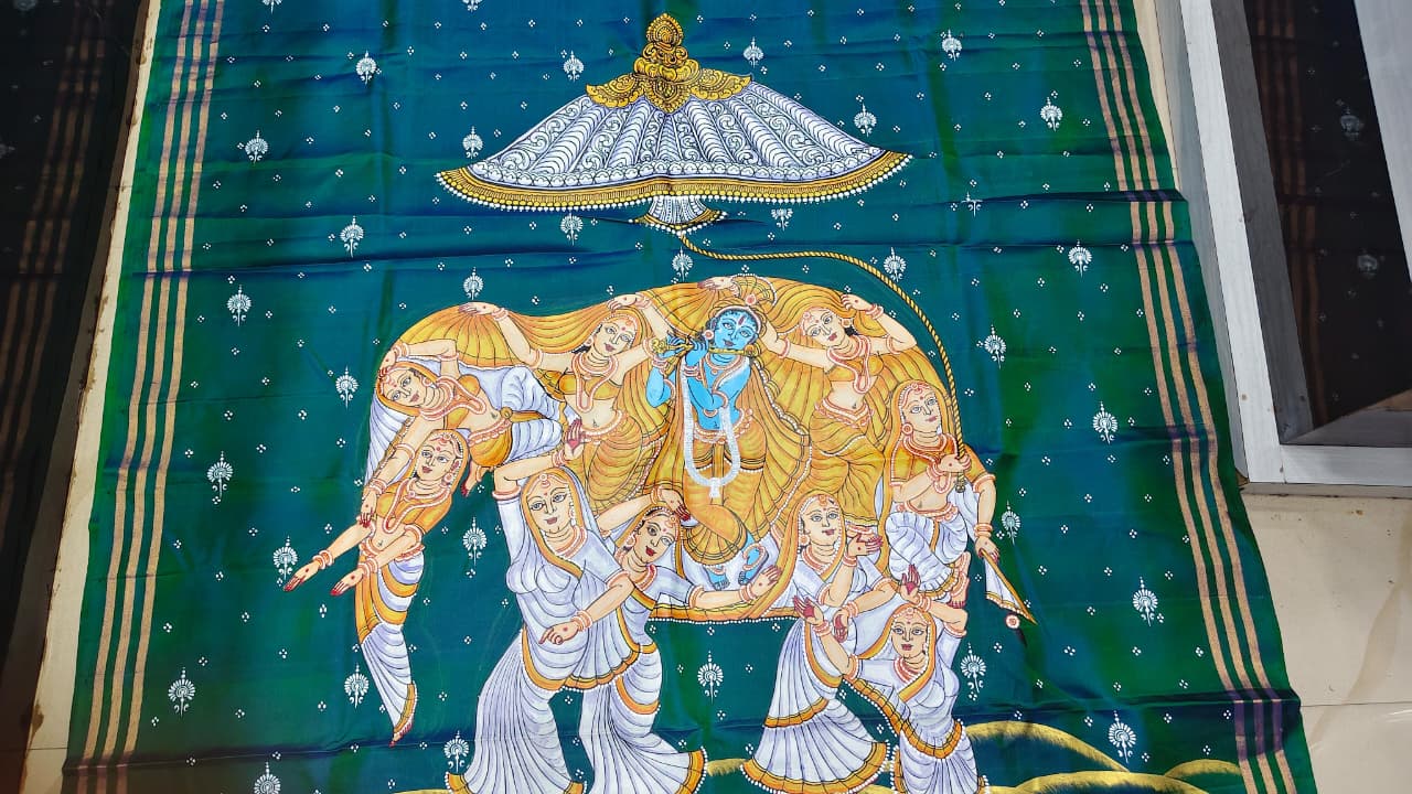Teal Green Kandarp Hasti Theme Pattachitra Kanjeeveram Silk Saree