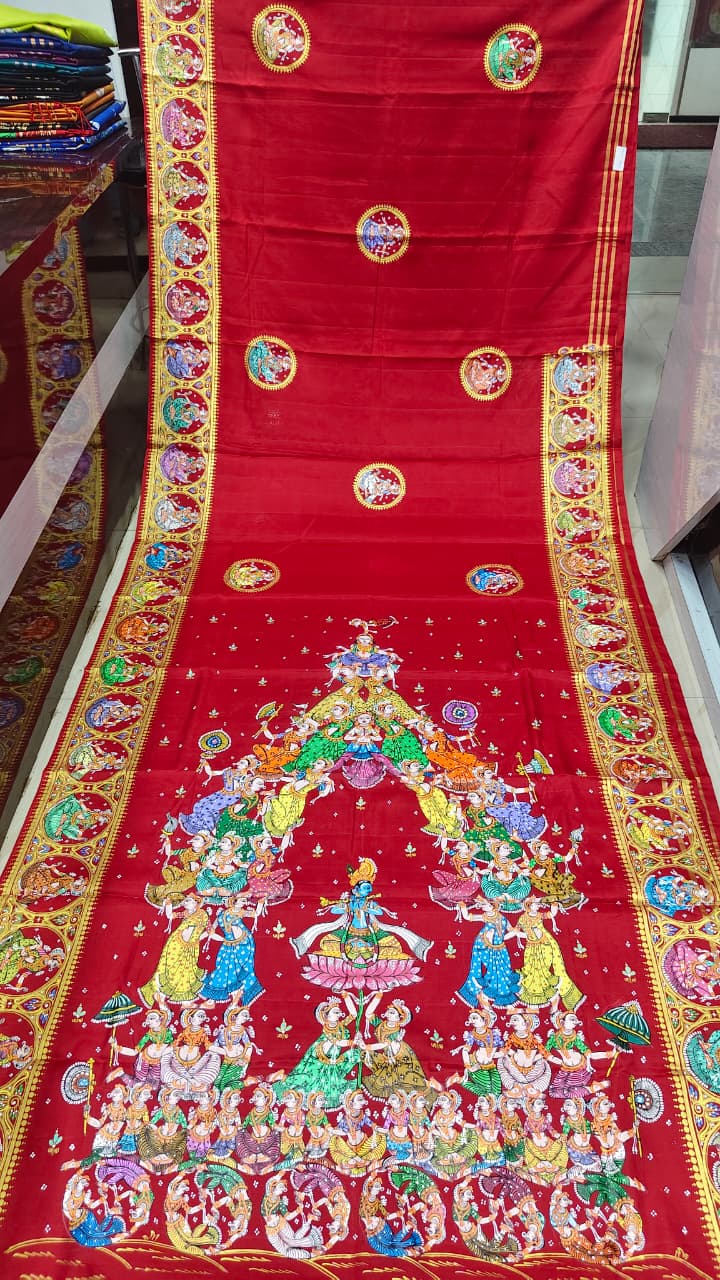 Red Kandarp Ratha Theme Pattachitra Kanjeeveram Silk Saree