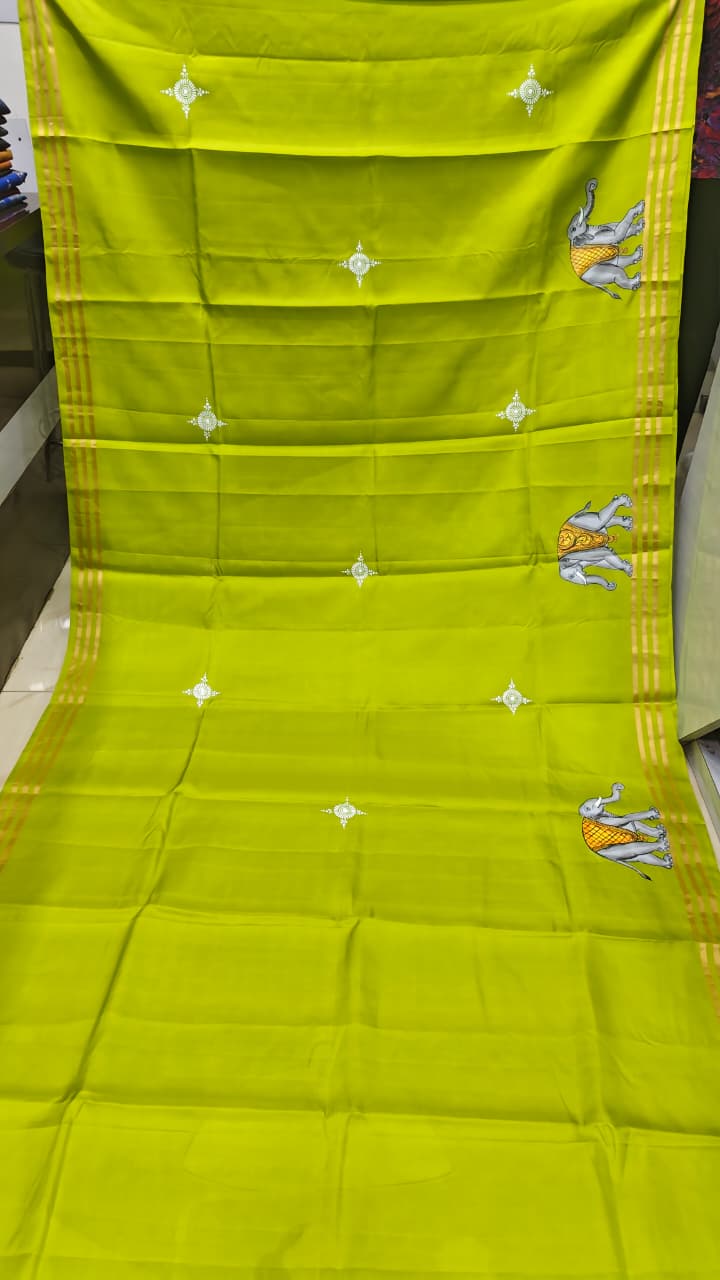 Neon Green Kandarp Hasti Theme Pattachitra Kanjeeveram Silk Saree