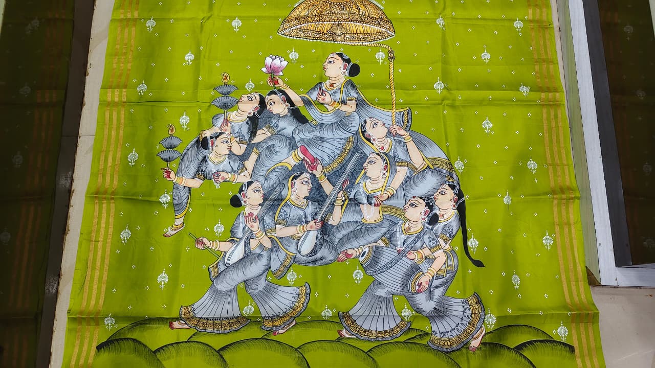 Neon Green Kandarp Hasti Theme Pattachitra Kanjeeveram Silk Saree
