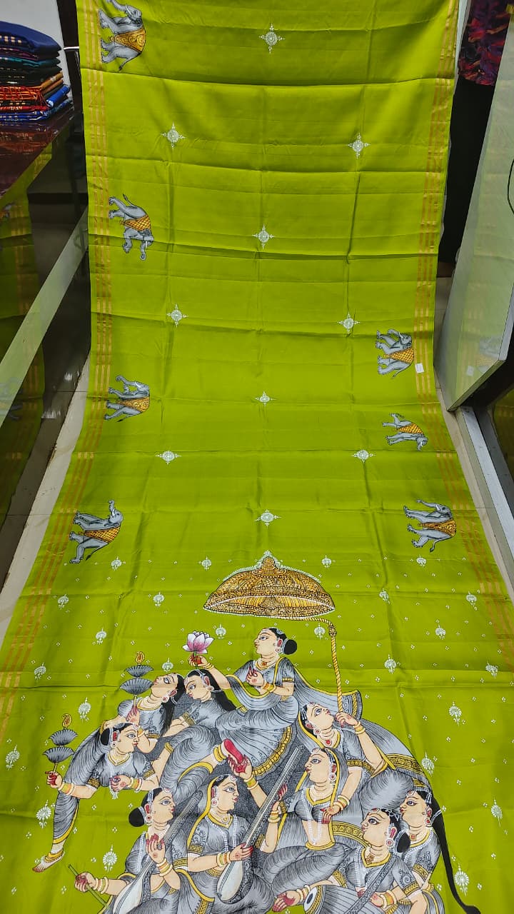 Neon Green Kandarp Hasti Theme Pattachitra Kanjeeveram Silk Saree