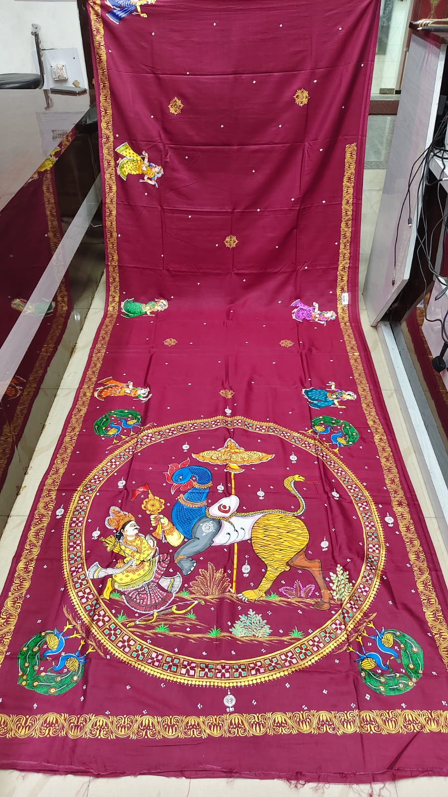 Maroon Navagunjara Theme Pattachitra Khadi Silk Saree