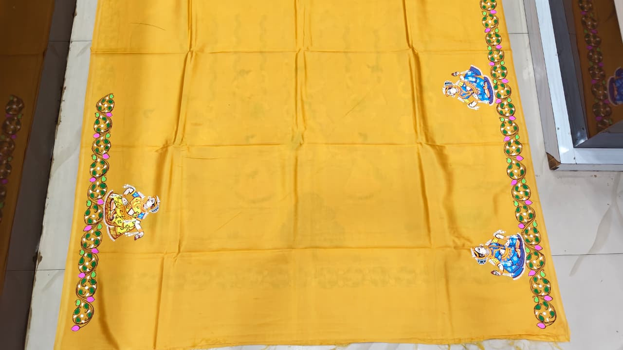 Yellow Raja Doli Theme Pattachitra Khadi Silk Saree