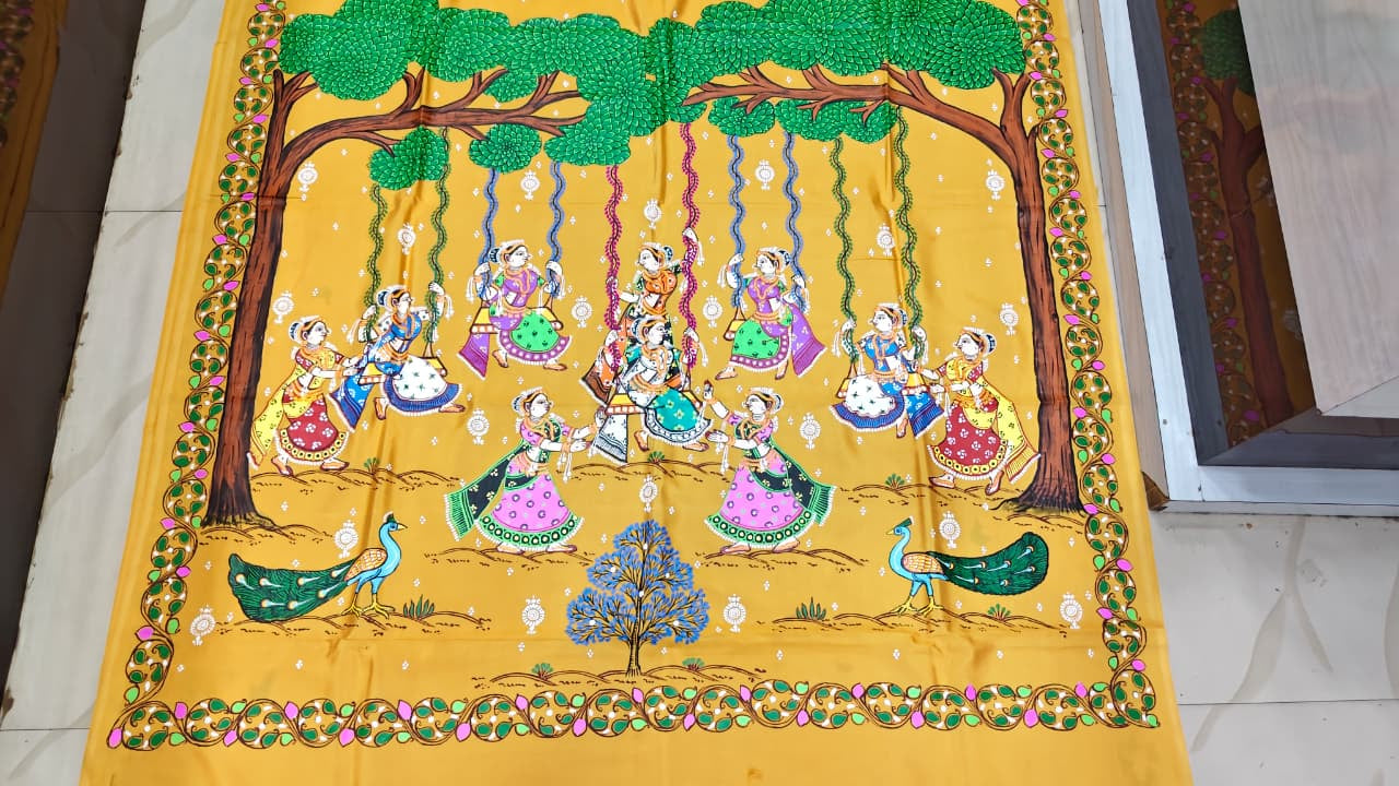 Yellow Raja Doli Theme Pattachitra Khadi Silk Saree