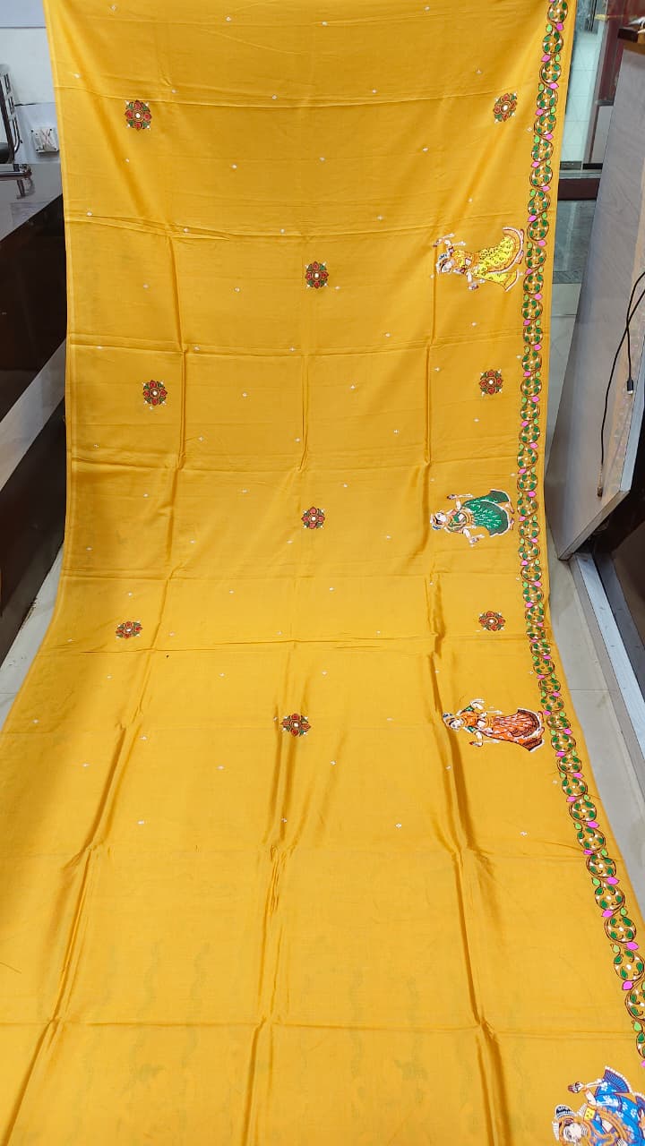 Yellow Raja Doli Theme Pattachitra Khadi Silk Saree