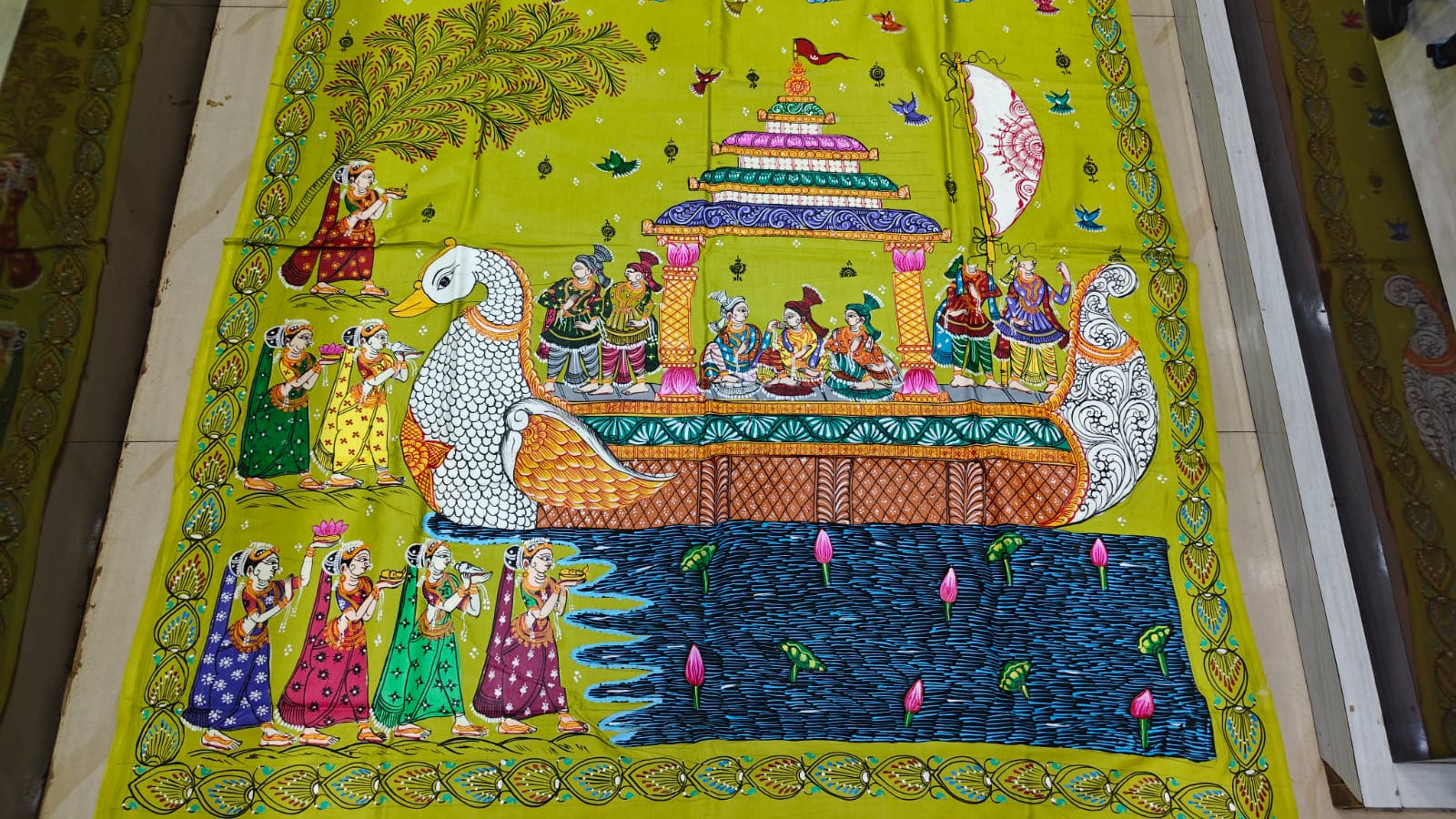 Neon Green Boita Bandan Theme Pattachitra Khadi Silk Saree
