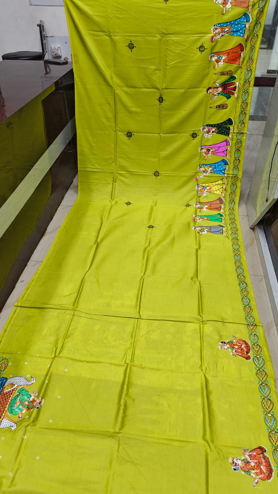 Neon Green Boita Bandan Theme Pattachitra Khadi Silk Saree