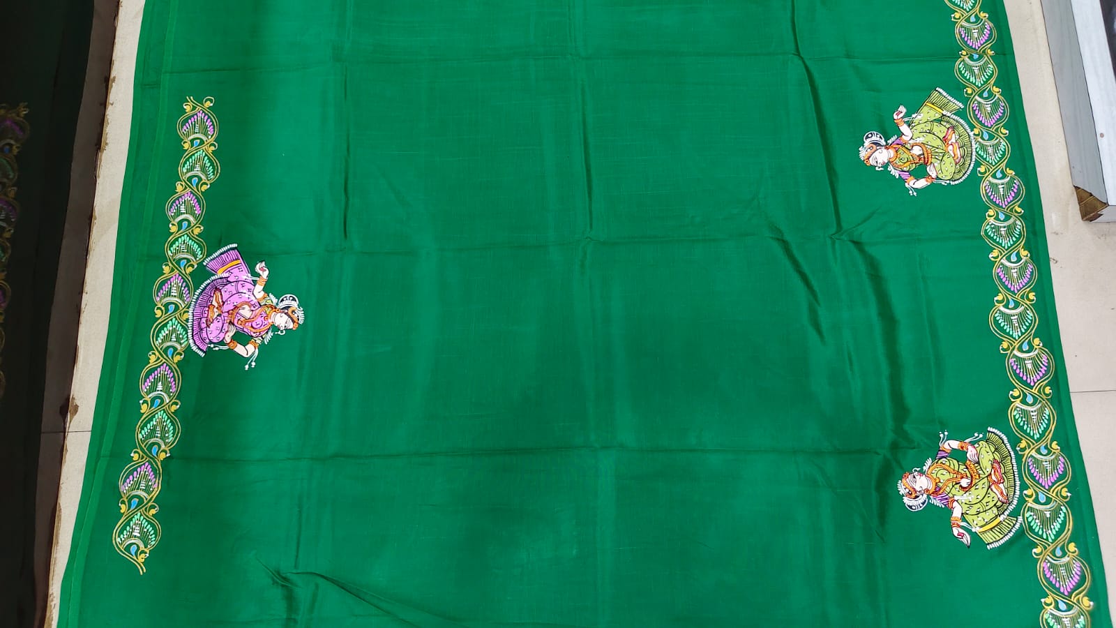 Green Radha Krishna Rasa Theme Pattachitra Khadi Silk Saree