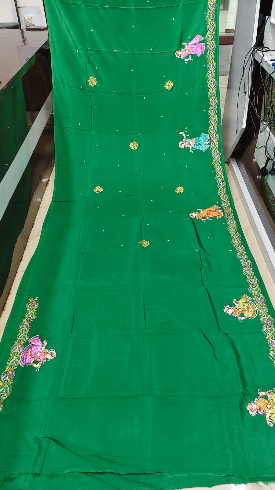 Green Radha Krishna Rasa Theme Pattachitra Khadi Silk Saree