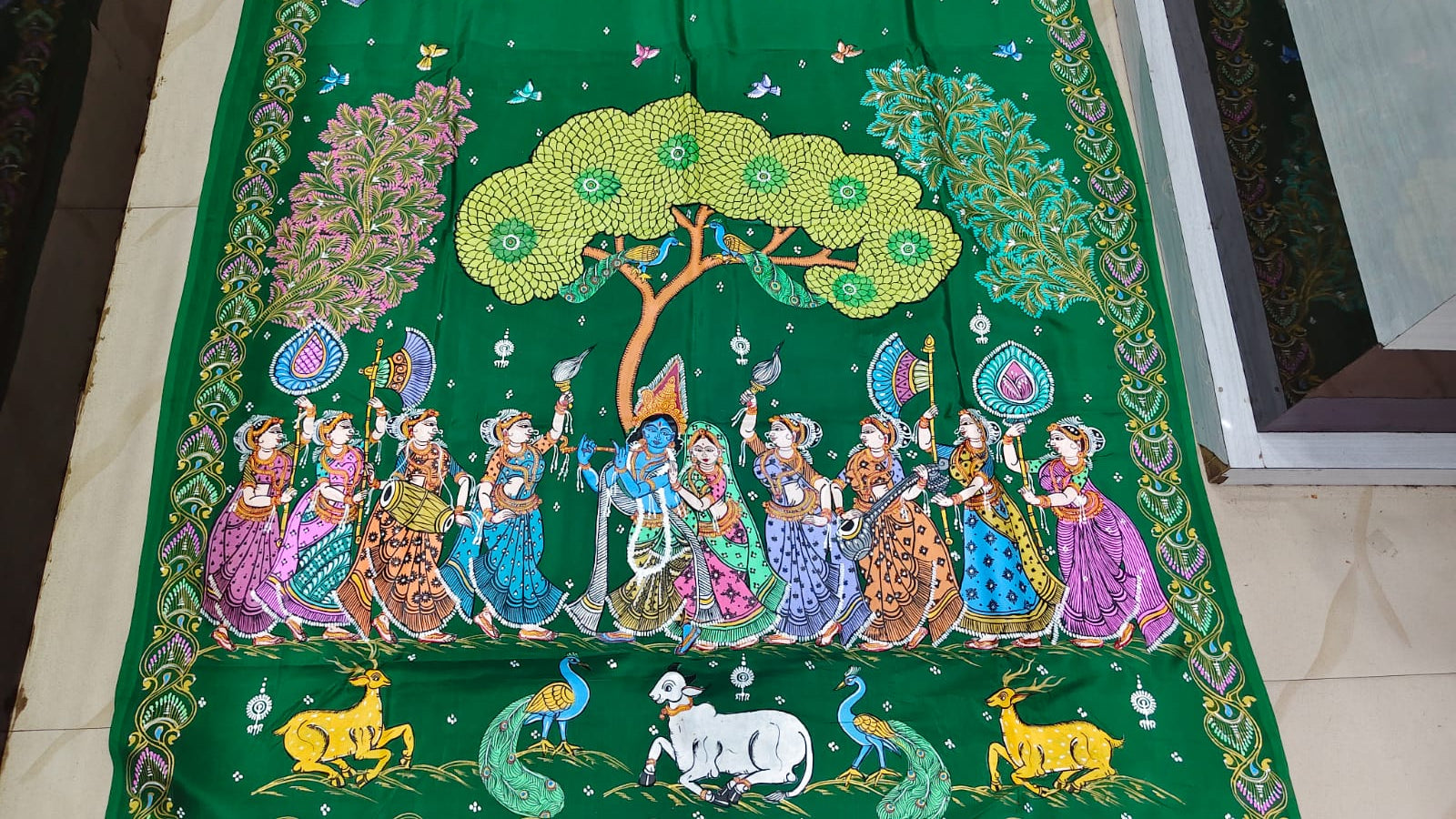 Green Radha Krishna Rasa Theme Pattachitra Khadi Silk Saree