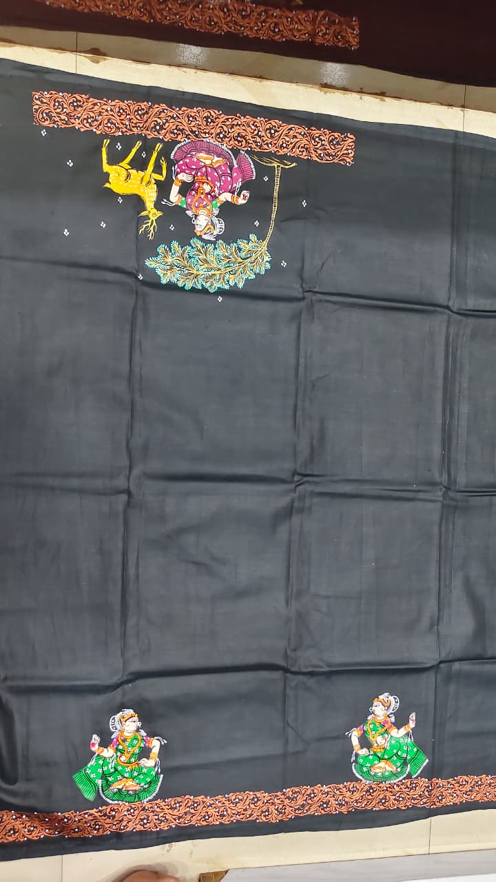 Black Giri Govardhan Theme Pattachitra Khadi Silk Saree