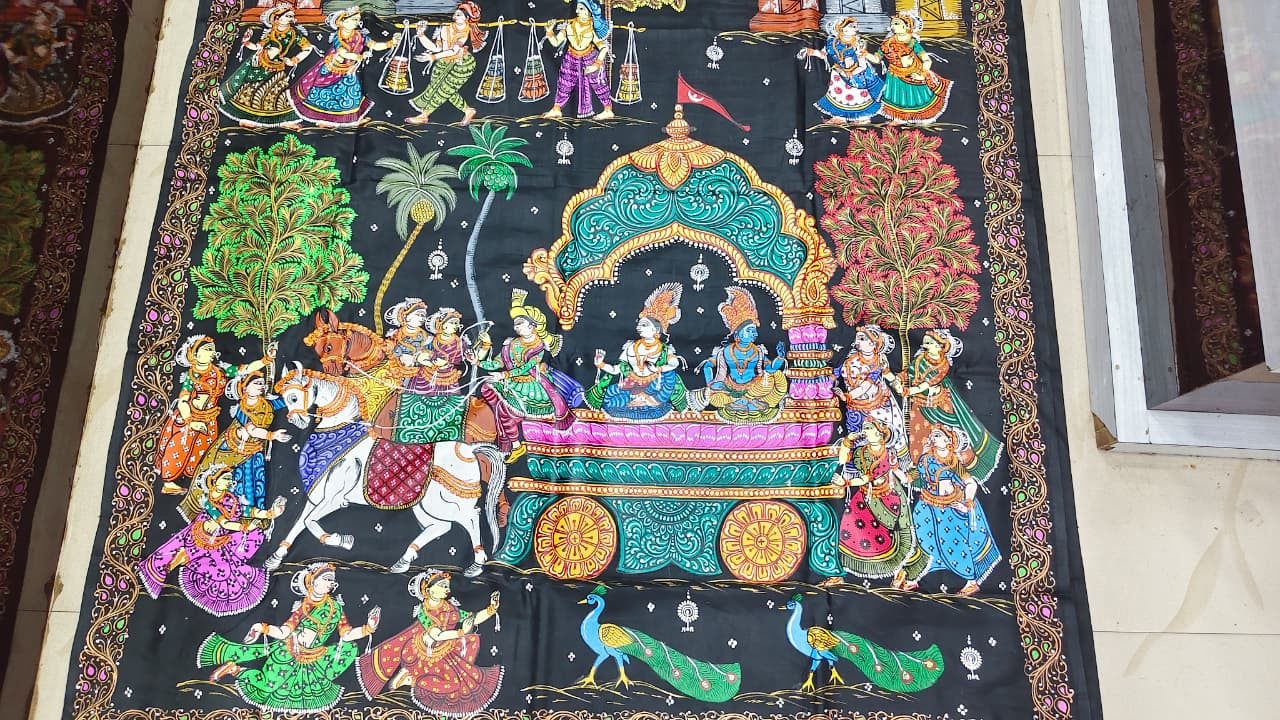Black Mathura Vijay Theme Pattachitra Khadi Silk Saree