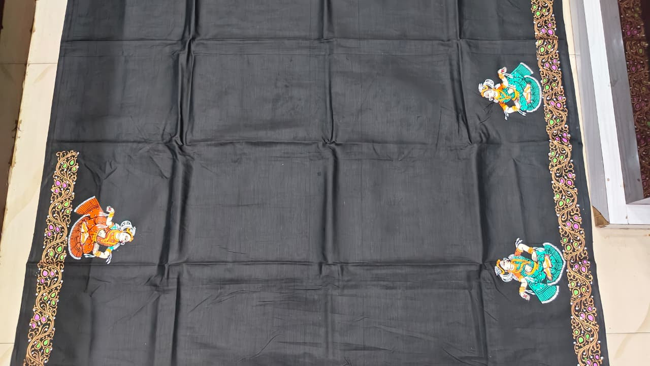 Black Mathura Vijay Theme Pattachitra Khadi Silk Saree