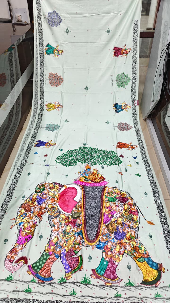 Aqua Kandarp Hasti Theme Pattachitra Khadi Silk Saree