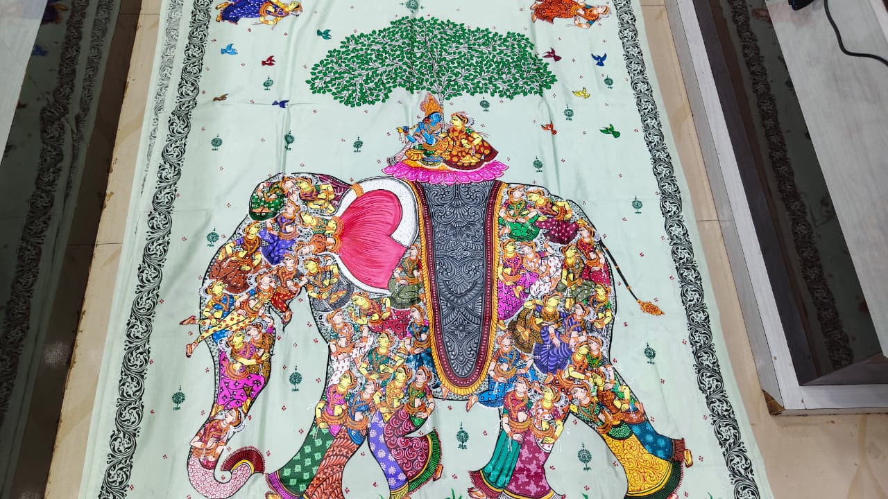 Aqua Kandarp Hasti Theme Pattachitra Khadi Silk Saree