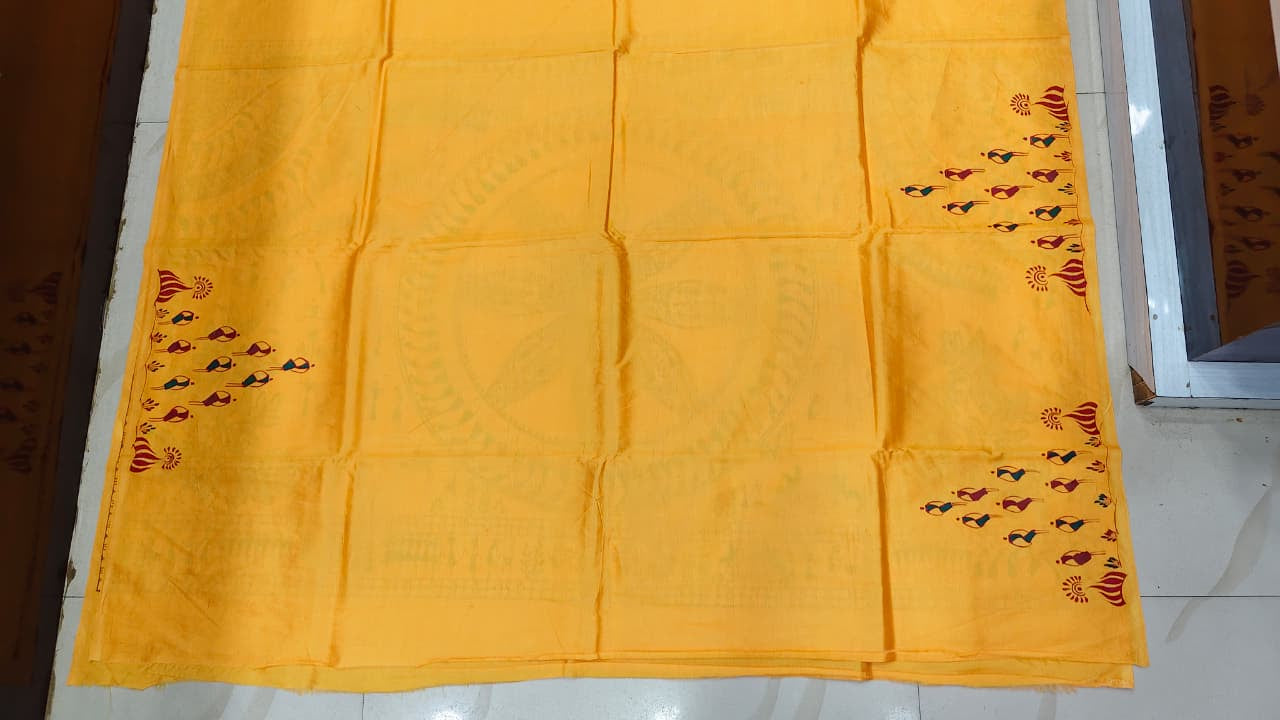 Mustard Yellow Tribal Konark Chakra Theme Pattachitra Khadi Silk Saree