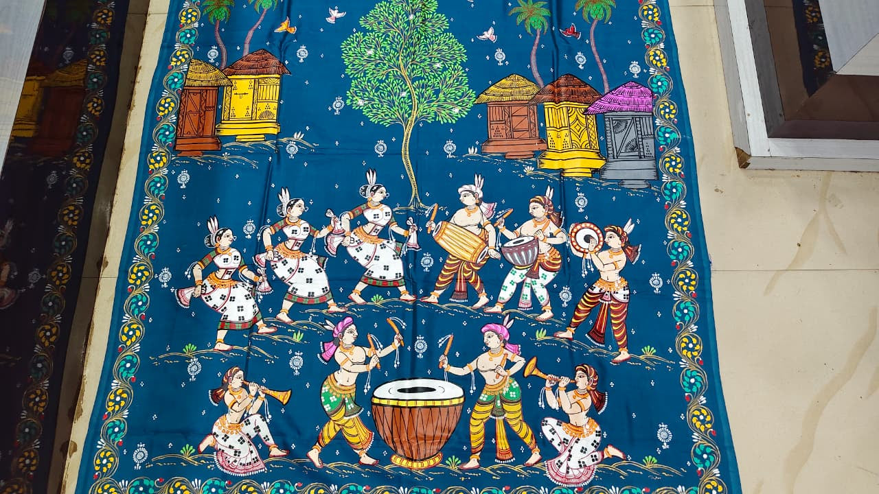 Teal Blue Chhau Dance Theme Pattachitra Khadi Silk Saree