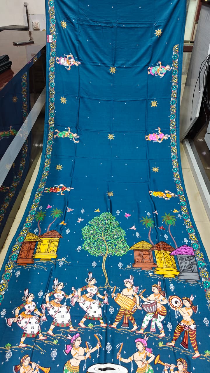 Teal Blue Chhau Dance Theme Pattachitra Khadi Silk Saree