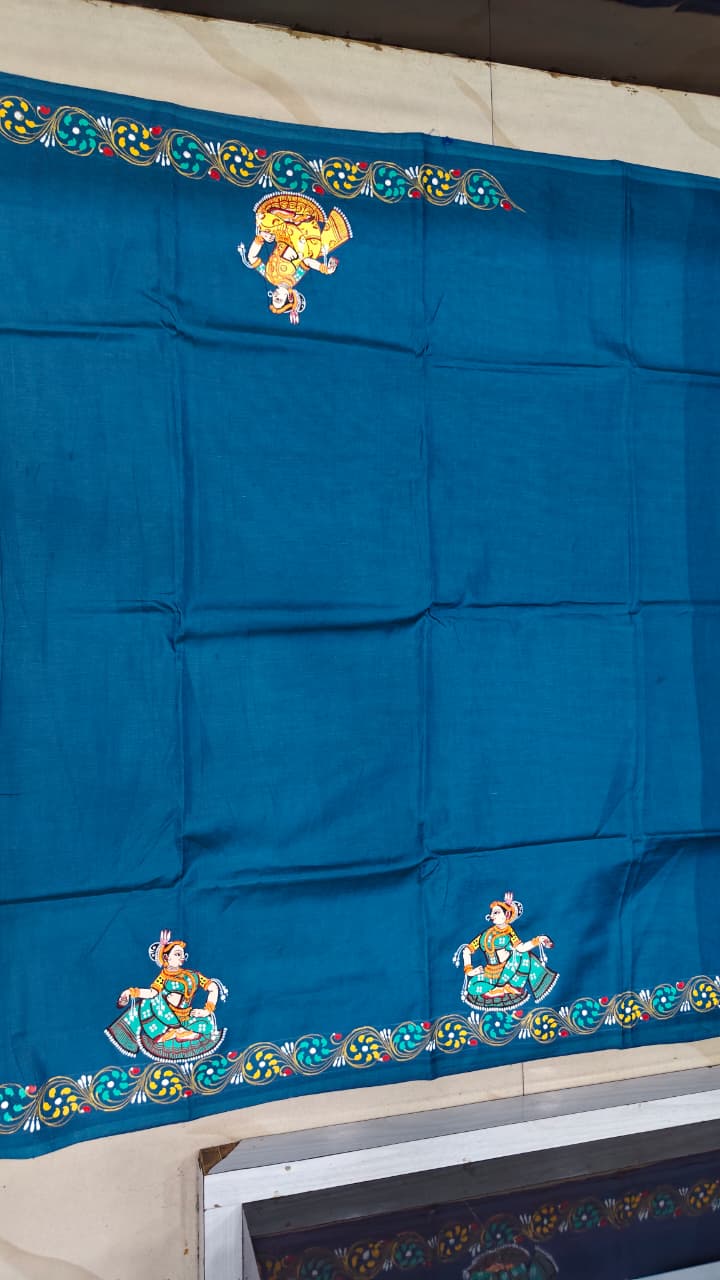 Teal Blue Chhau Dance Theme Pattachitra Khadi Silk Saree