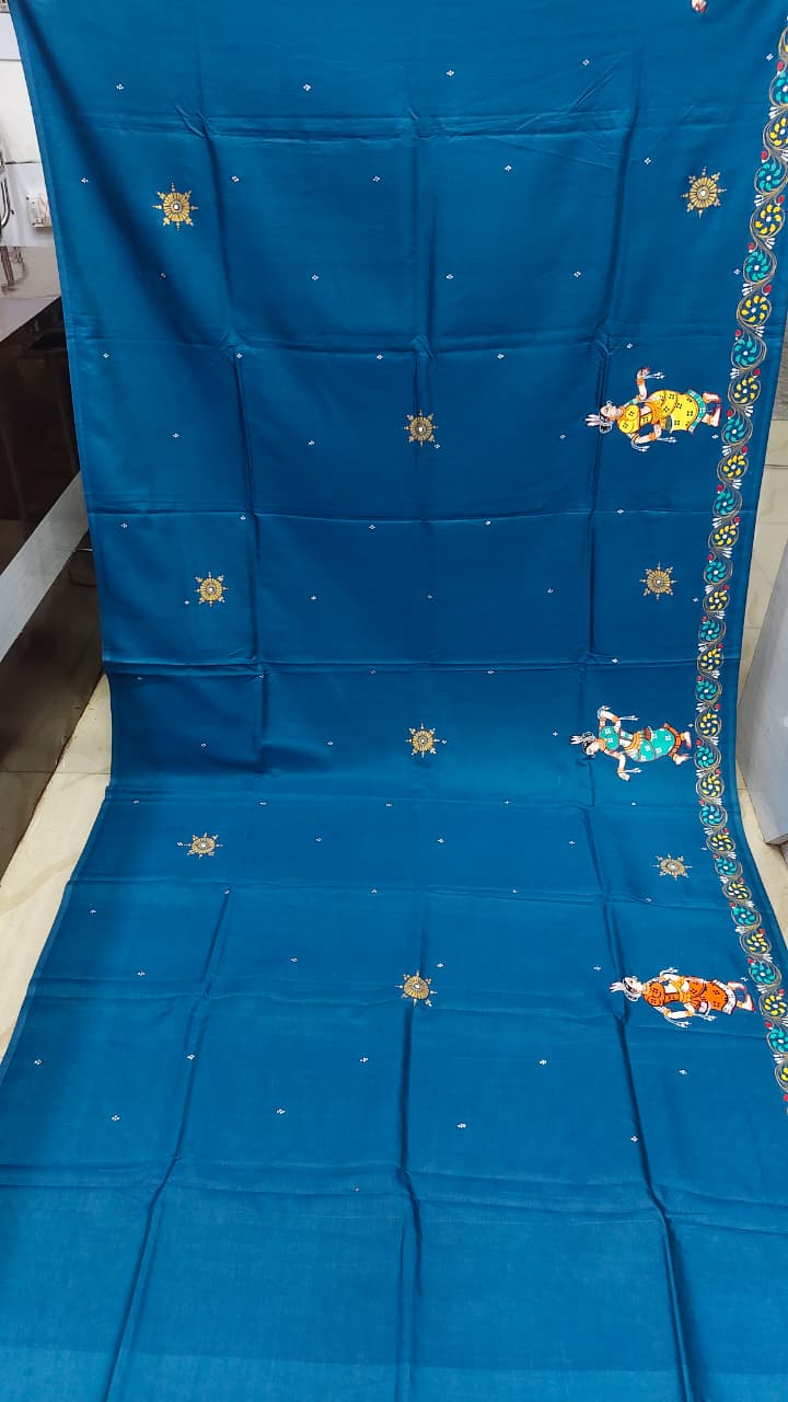 Teal Blue Chhau Dance Theme Pattachitra Khadi Silk Saree