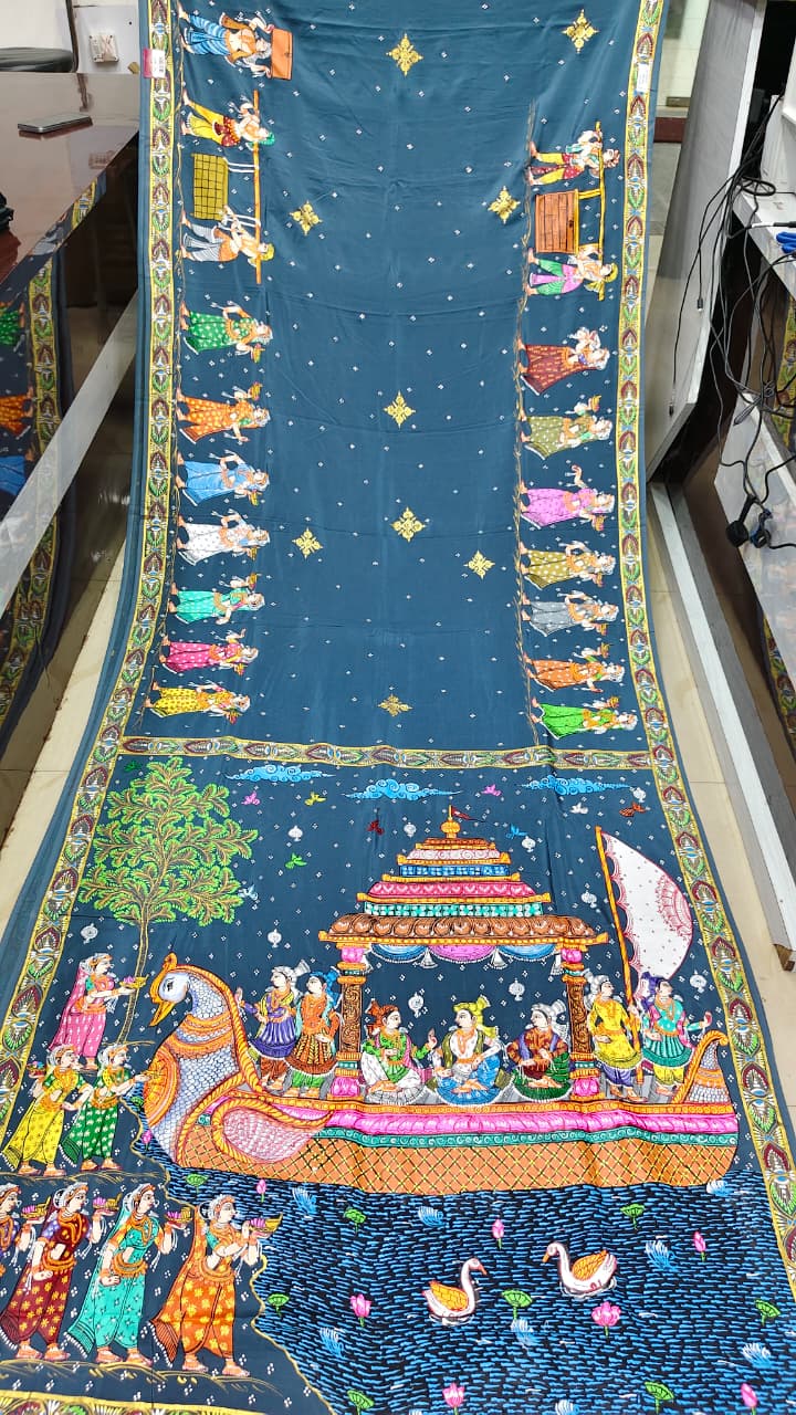 Grey Boita Bandan Theme Pattachitra Khadi Silk Saree