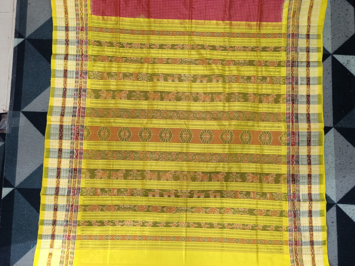 Maroon Yellow Sachipar Odisha Handloom Sambalpuri Silk Saree