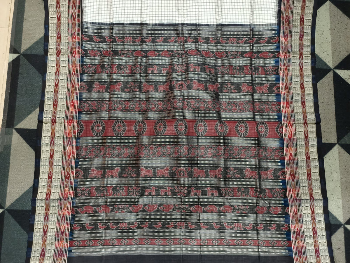 White Black Sachipar Odisha Handloom Sambalpuri Silk Saree