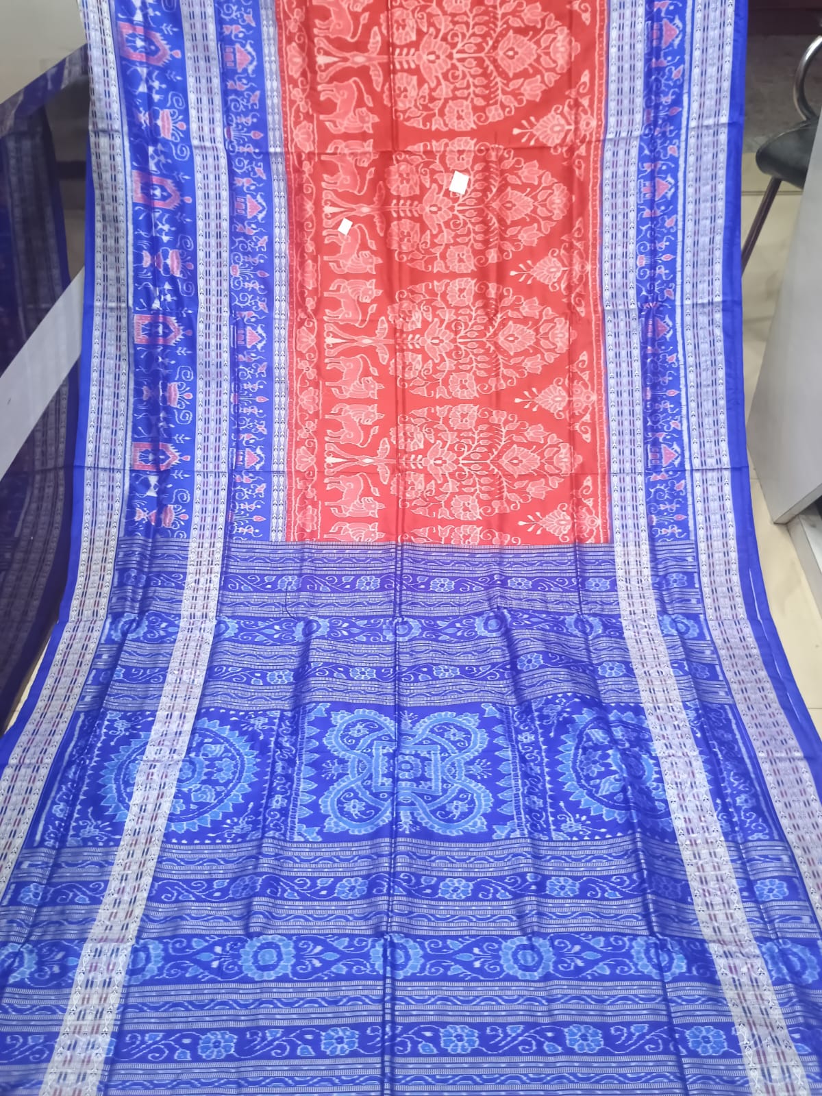 Crimson Red & Royal Blue Handwoven Sambalpuri Silk Saree with Kalpavriksha and Elephant Motifs