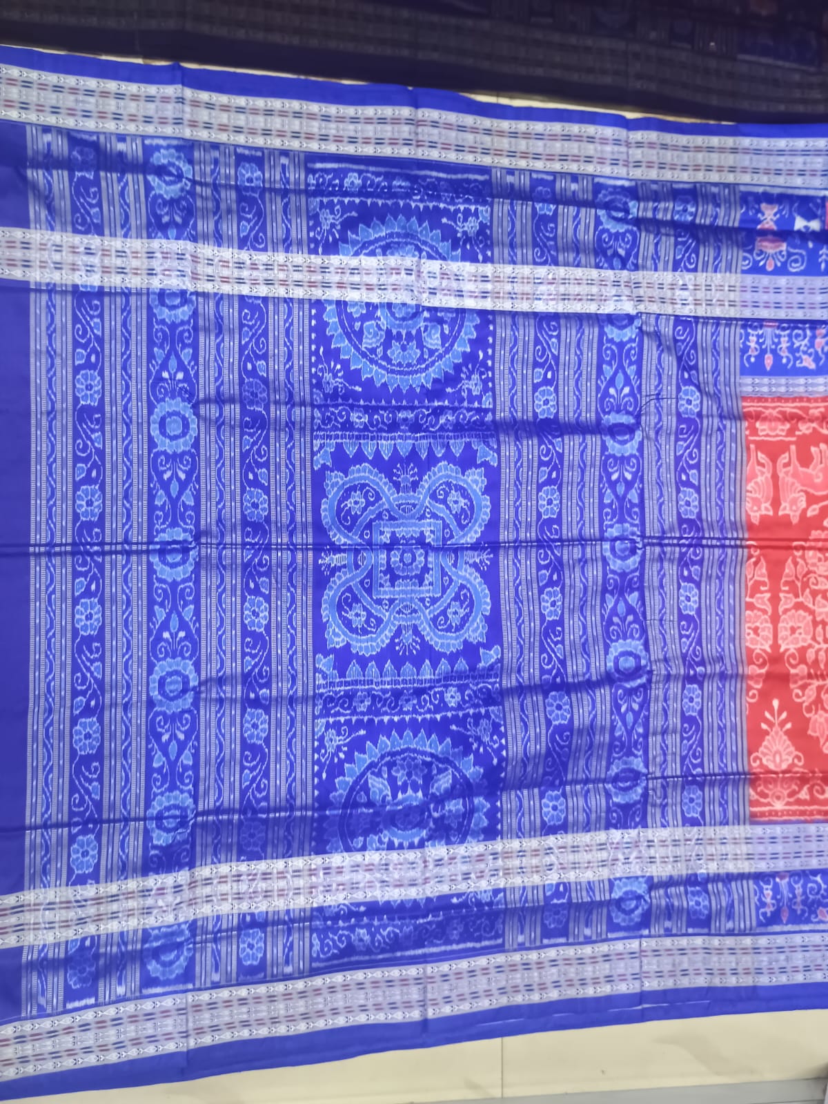 Crimson Red & Royal Blue Handwoven Sambalpuri Silk Saree with Kalpavriksha and Elephant Motifs