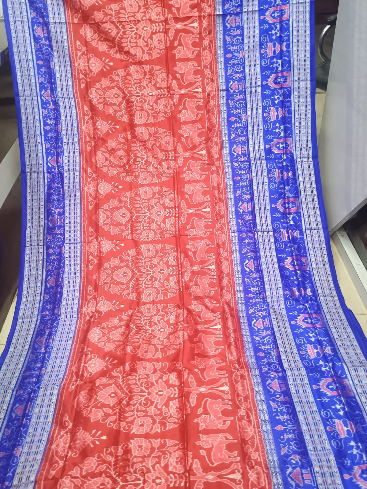 Crimson Red & Royal Blue Handwoven Sambalpuri Silk Saree with Kalpavriksha and Elephant Motifs