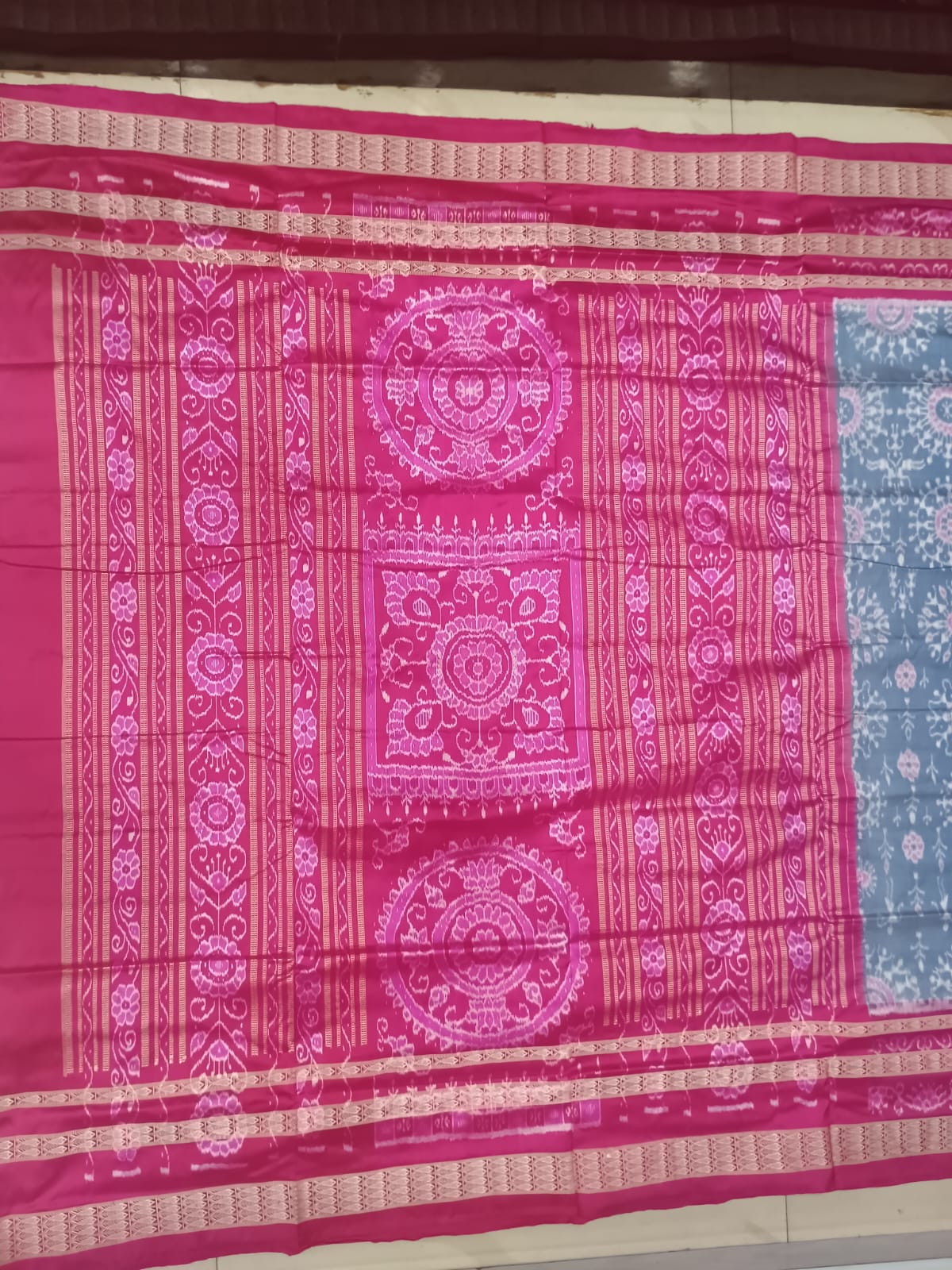 Slate Grey & Magenta Pink Handwoven Sambalpuri Silk Saree with Geometric Blooms and Jhoti Pallu