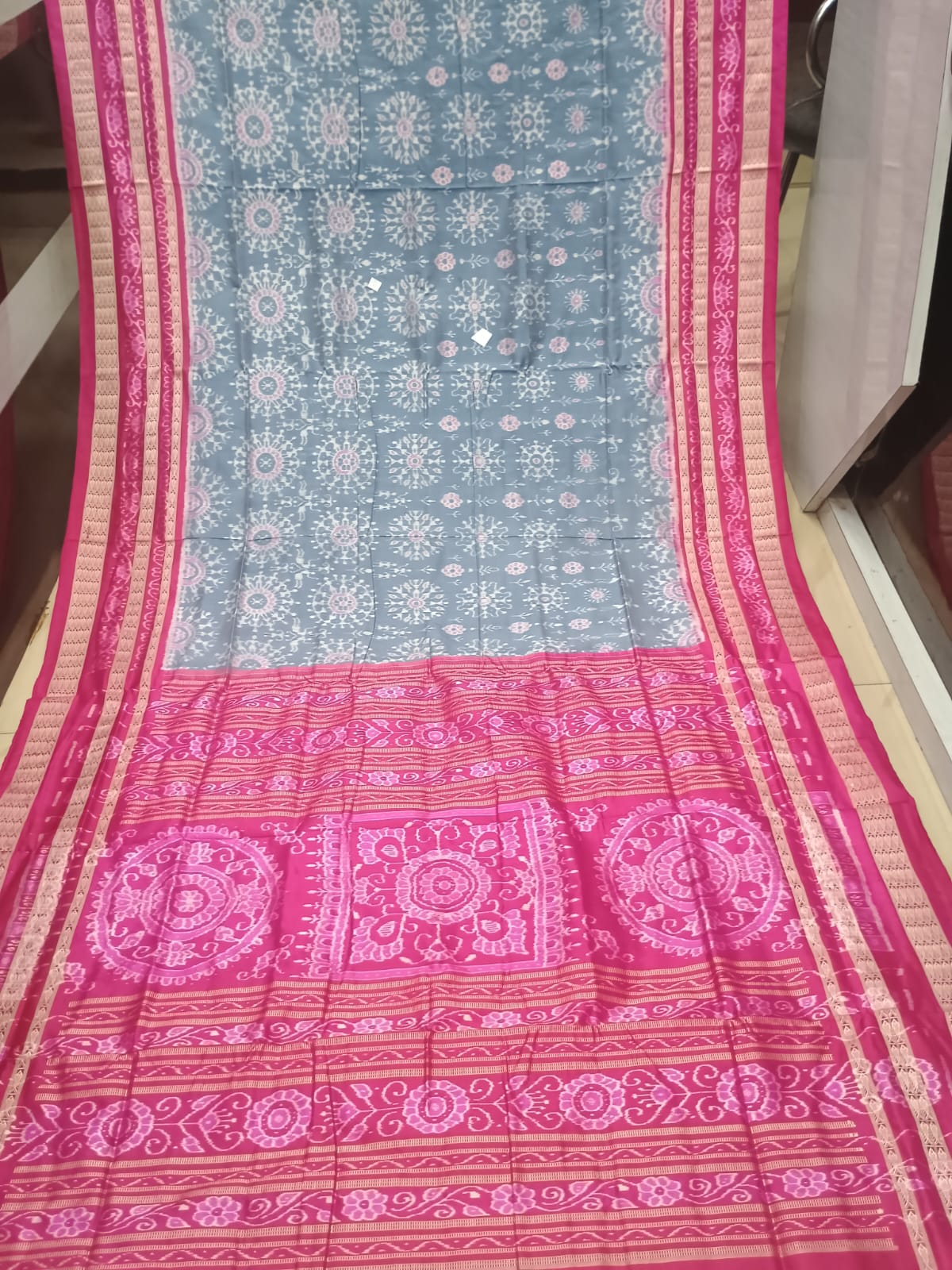 Slate Grey & Magenta Pink Handwoven Sambalpuri Silk Saree with Geometric Blooms and Jhoti Pallu