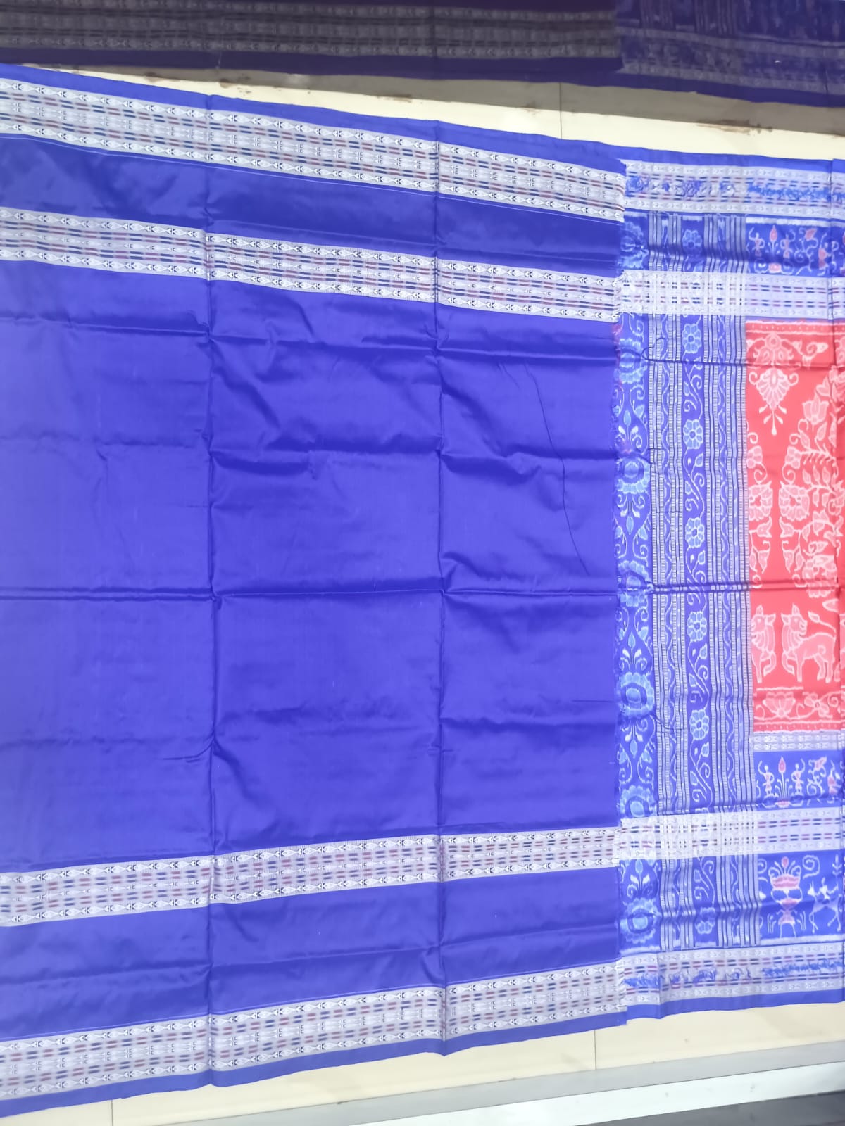 Crimson Red & Royal Blue Handwoven Sambalpuri Silk Saree with Kalpavriksha and Elephant Motifs