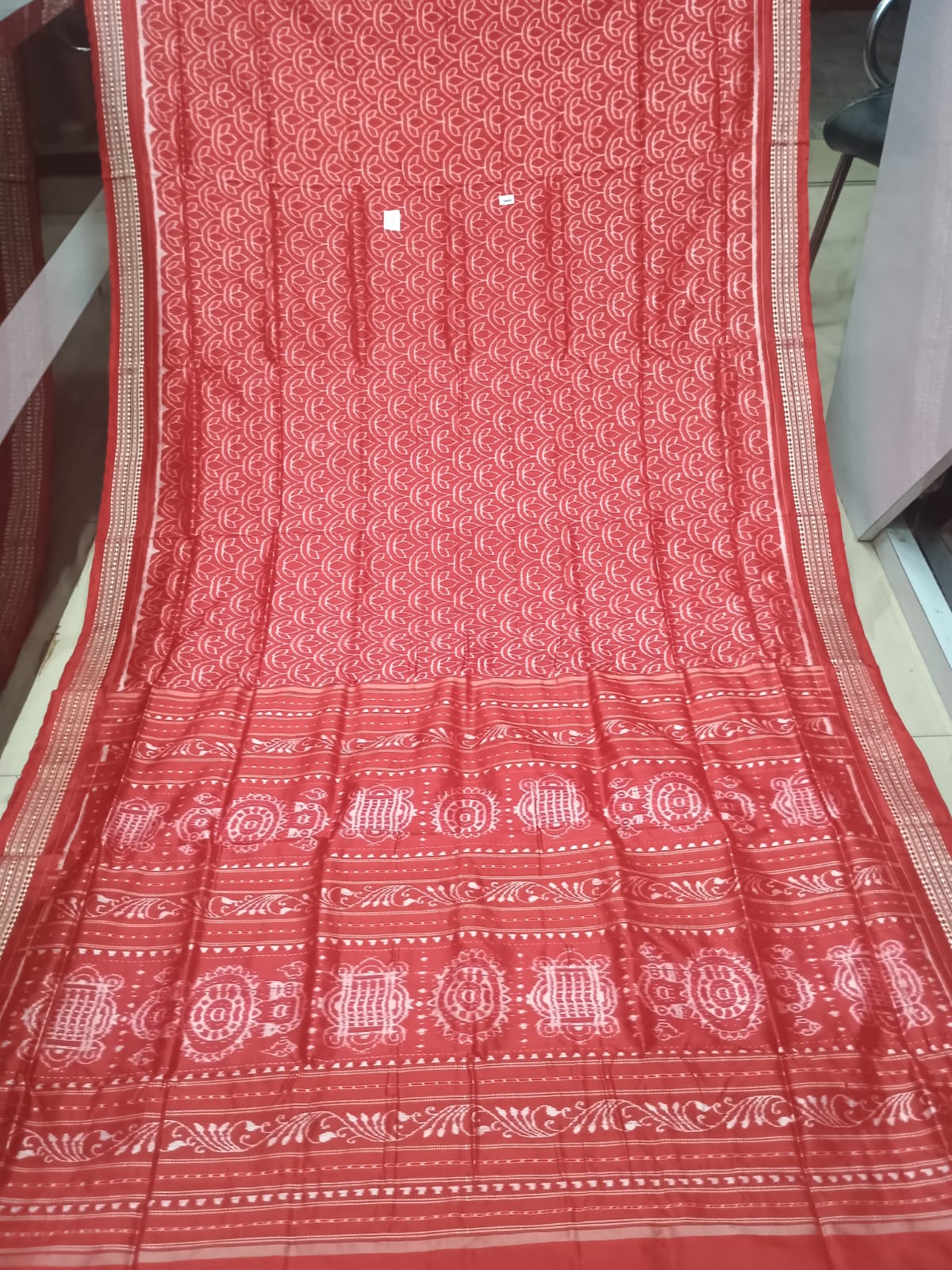 Vermilion Red & Ivory Handwoven Sambalpuri Silk Saree with All-Over Conch Shell Patterns and Jhoti Pallu