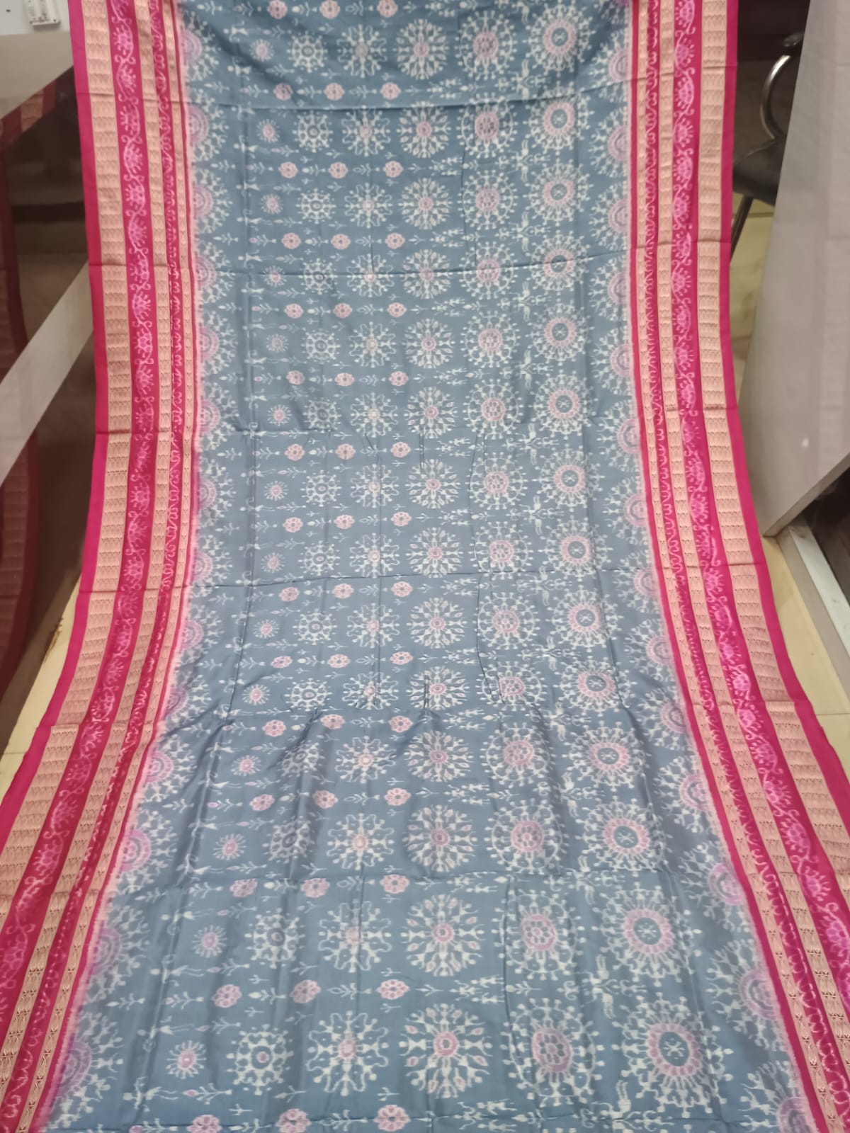 Slate Grey & Magenta Pink Handwoven Sambalpuri Silk Saree with Geometric Blooms and Jhoti Pallu